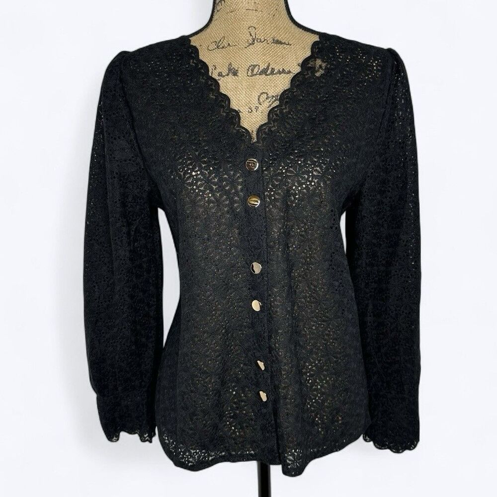 Funjax‎ Blouse L Black Scalloped Floral Lace Semi Sheer Dark Romantic Victorian